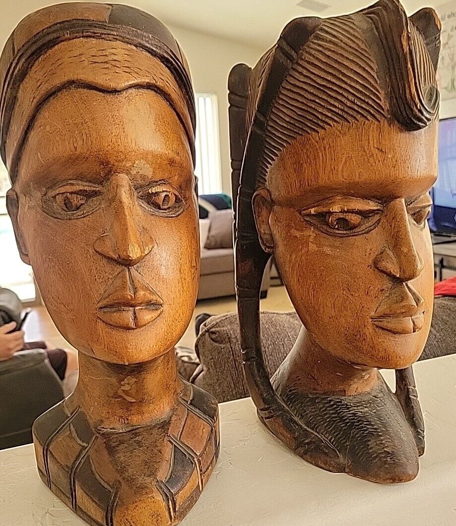 Vintage Carved Mixed Wood African Heads Busts Pair Male And Female 14\