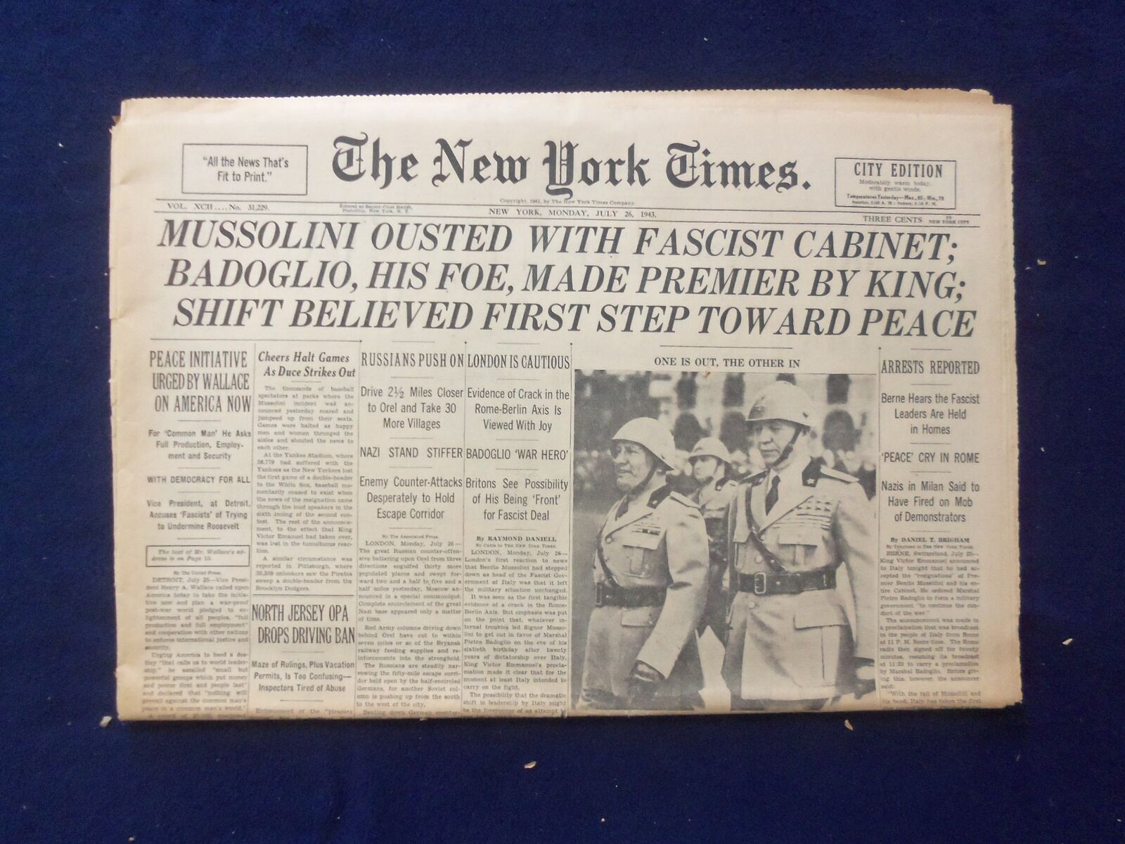 1943 JULY 26 NEW YORK TIMES - MUSSOLINI OUSTED WITH FASCIST CABINET - NP 6470