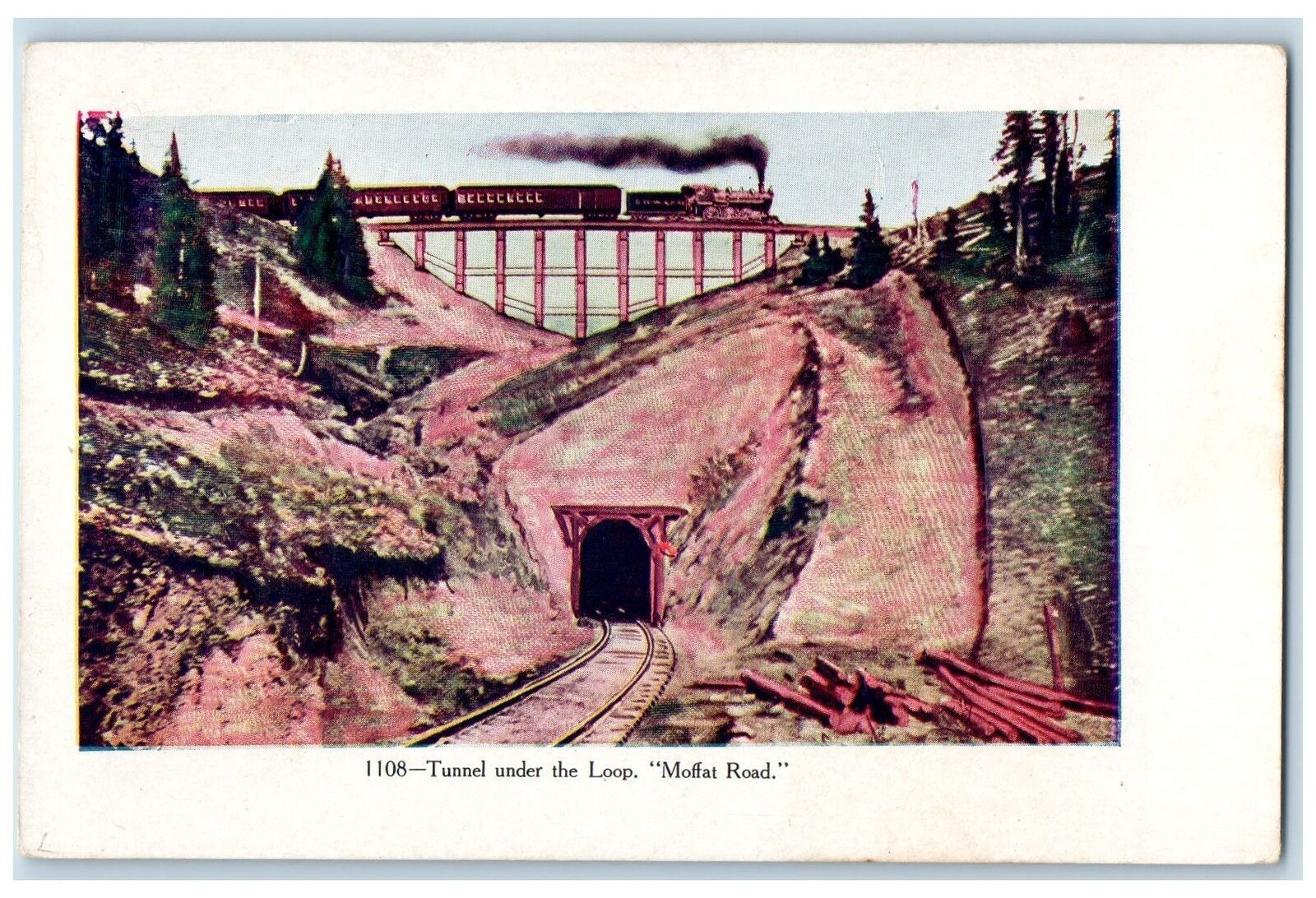c1920 Tunnel Under The Loop Railroad Logs Cliff Moffat Road Colorado CO Postcard