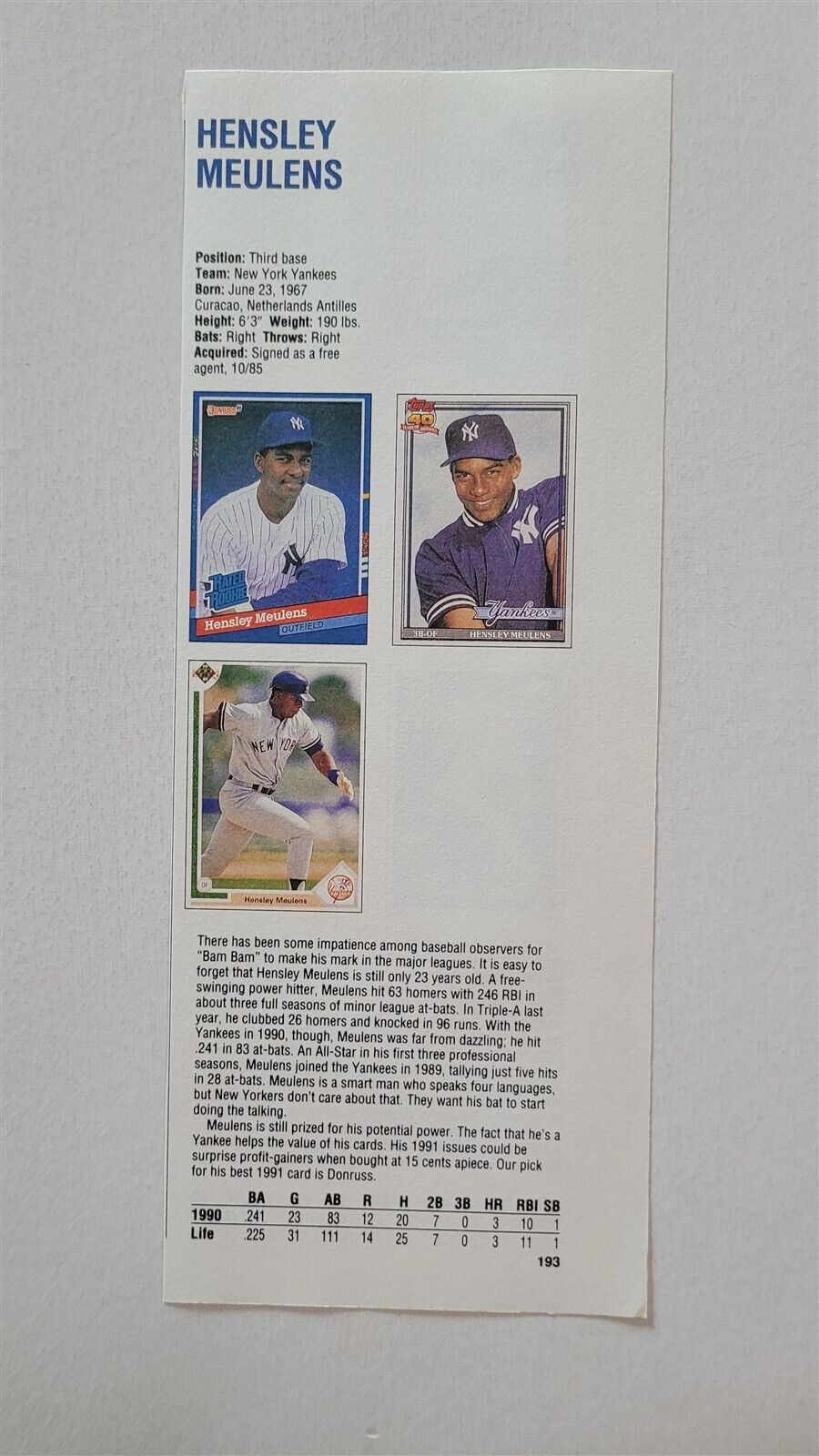 Hensley Meulens & Gary Mielke 1991 Baseball Publication International