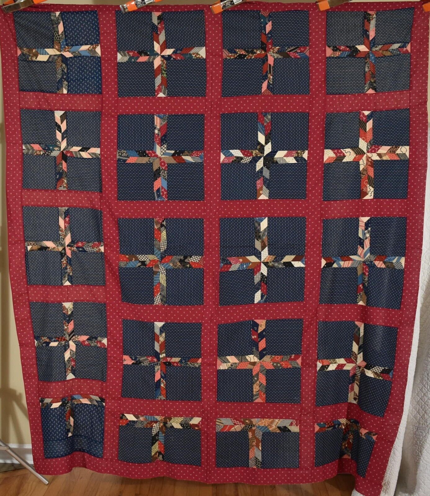 Colorful Vintage 1880's Crosses Antique Quilt Top ~Indigo Blue Background