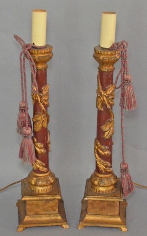 A Pair Of Early C1900 Polychromed And Gold Gilded Carved Wood Candle Stands.