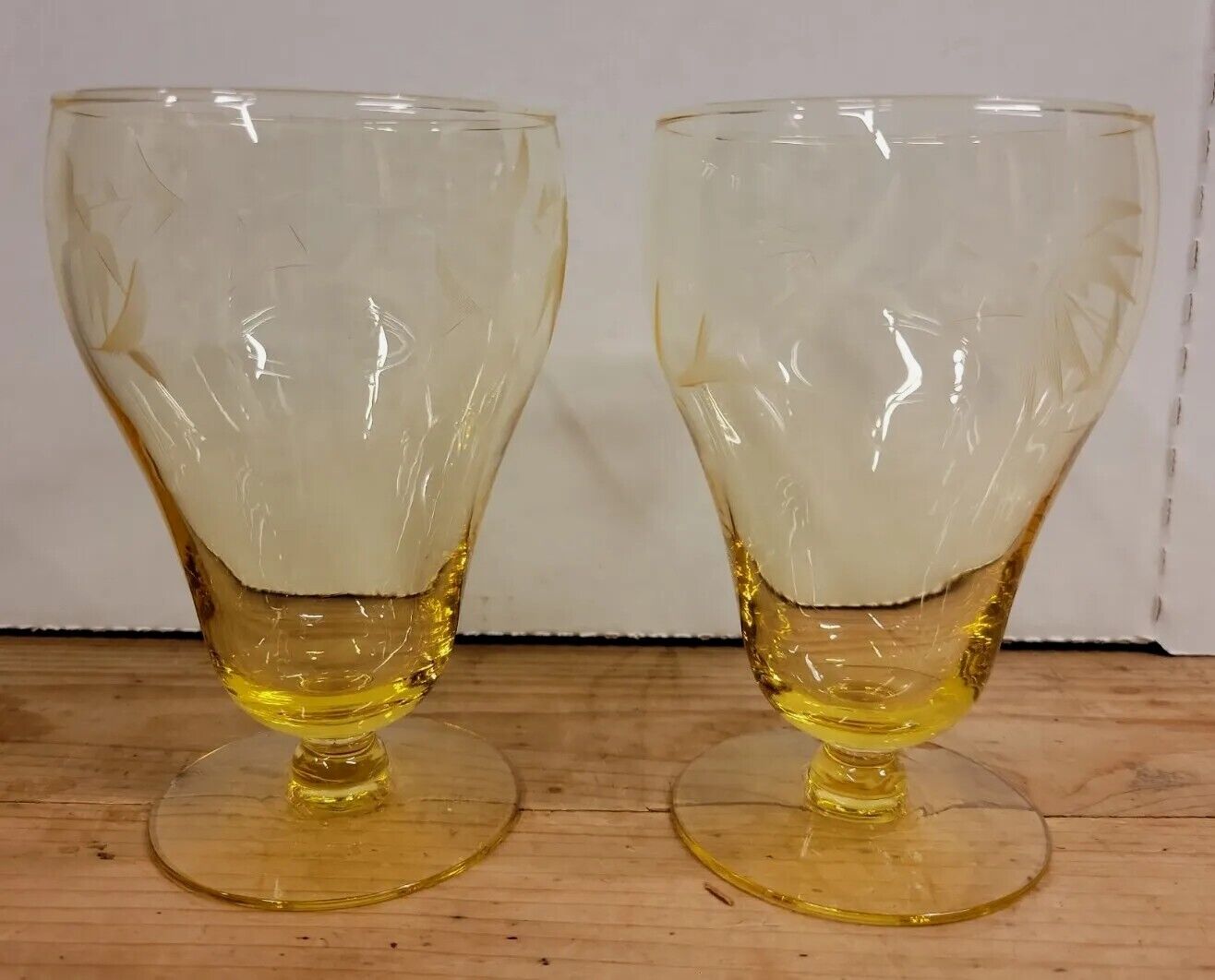 2 ANTIQUE LANCASTER YELLOW TOPAZ ETCHED WATER LILLY PATTERN TULIP PARFAIT GLASS