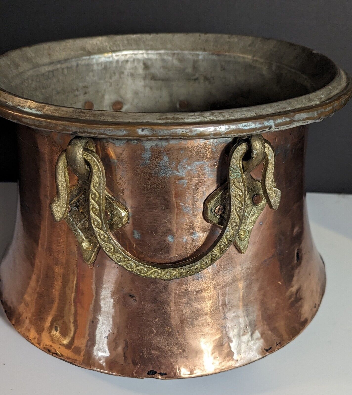 Antique Hand Hammered 19th Century Copper Pot with Dovetail Joints, Brass Handle
