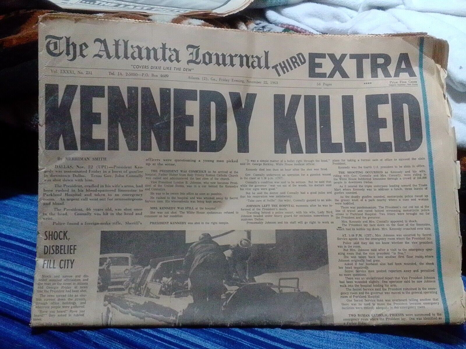 ATLANTA JOURNAL NEWSPAPER  THIRD EXTRA  Nov. 22, 1963  KENNEDY KILLED  Newspaper