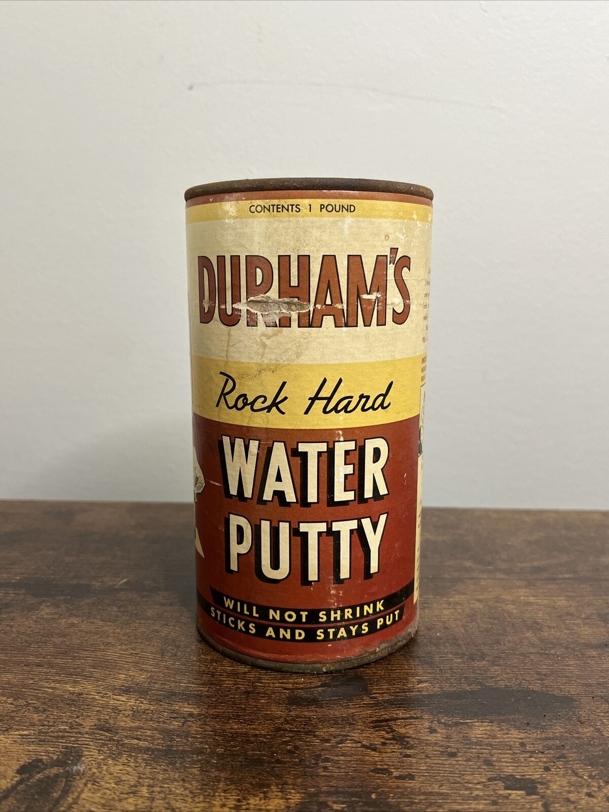 Vintage DURHAM\'S ROCK HARD WATER PUTTY TIN Never Opened 1 Pound Can Graphic