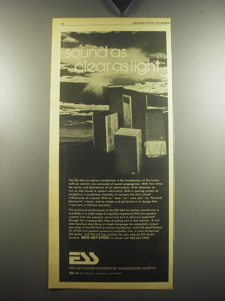 1974 ESS Heil Air-Motion transformer Loudspeaker Systems Ad - Sound as clear