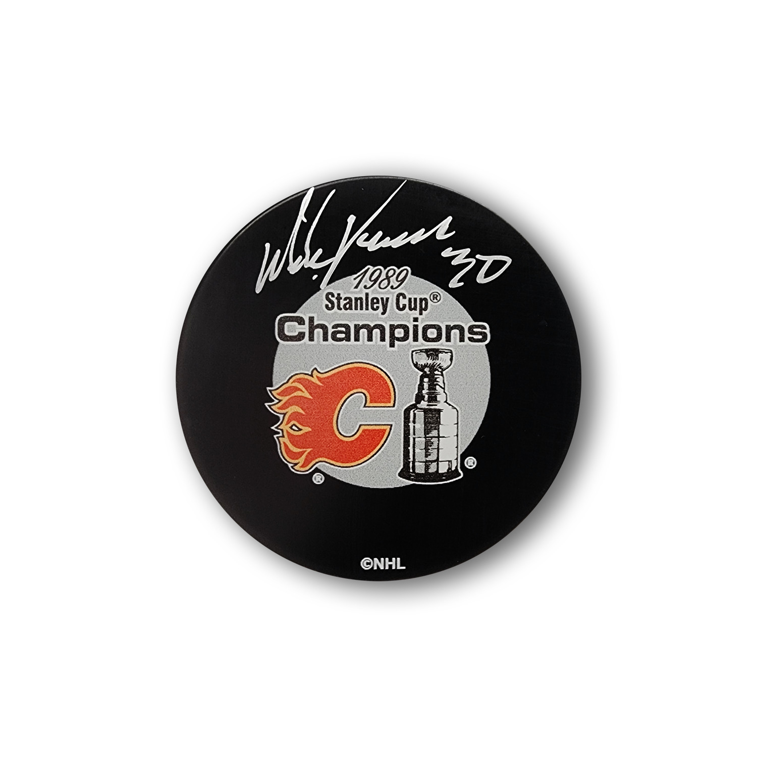 Mike Vernon Autographed 1989 Stanley Cup Calgary Flames Hockey Puck