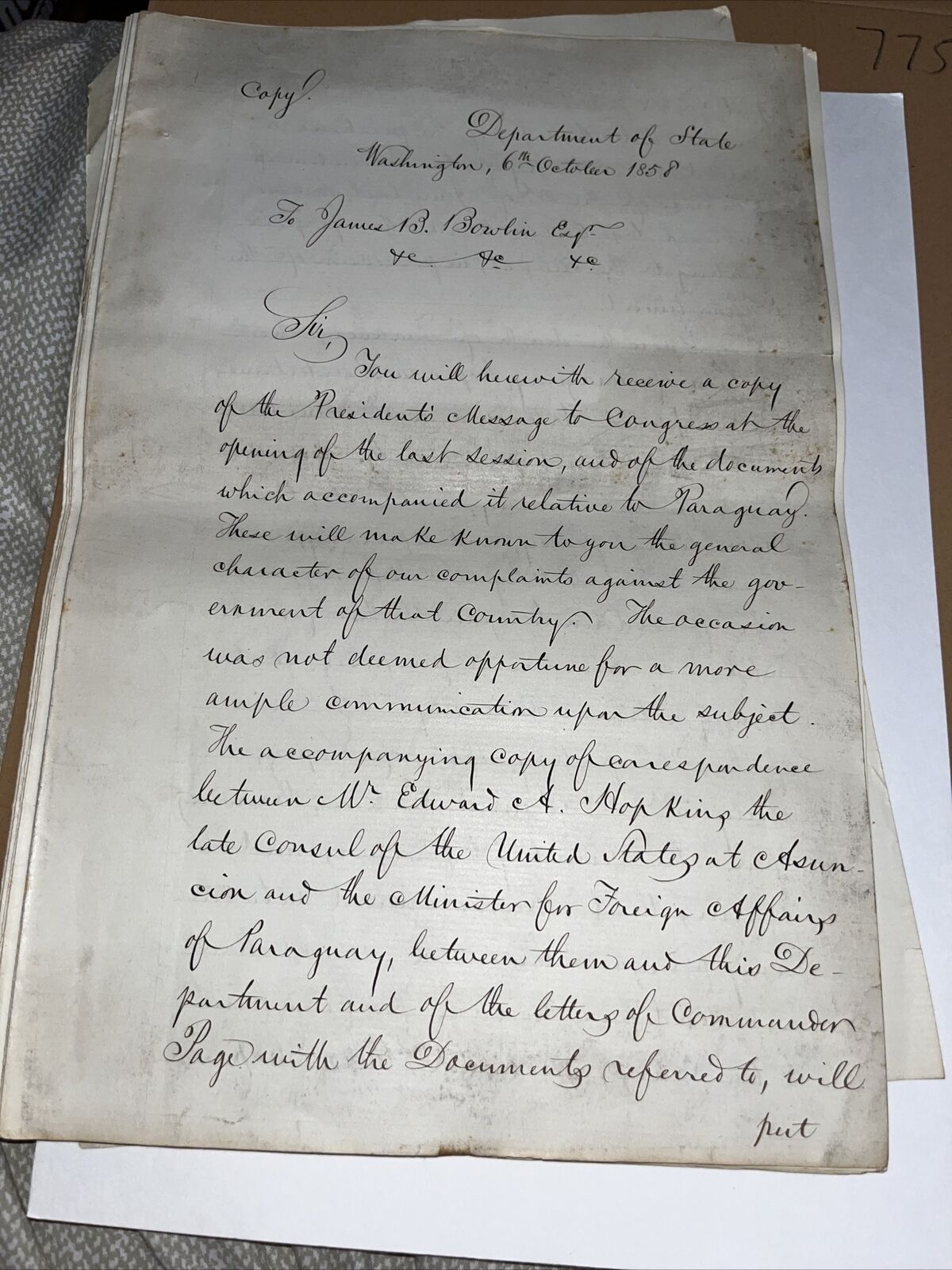 Handwritten 1858 Document Department Of State Regarding Paraguay Franklin Pierce