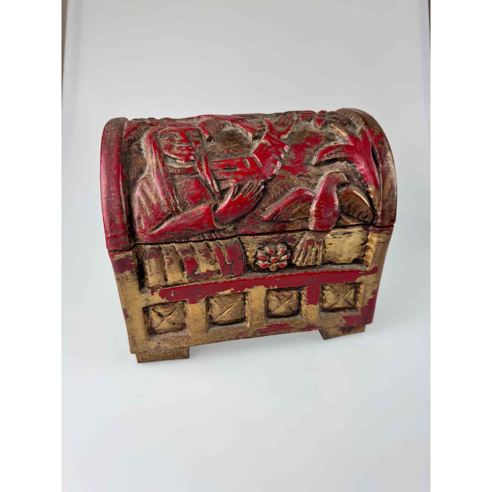 Vintage Red and Gold Composite Treasure Chest with Bird and Flower Motif 