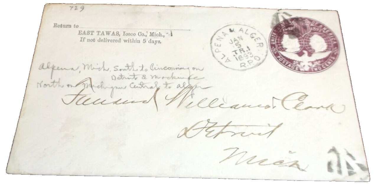 JANUARY 1893 DETROIT BAY CITY & ALPENA TRAIN #1 RPO ALPENA & ALGER MICHIGAN