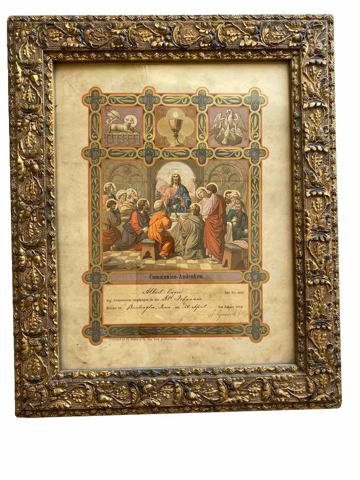 German First Holy Communion  Wood Framed Antique Certificate Albert Enger 1889