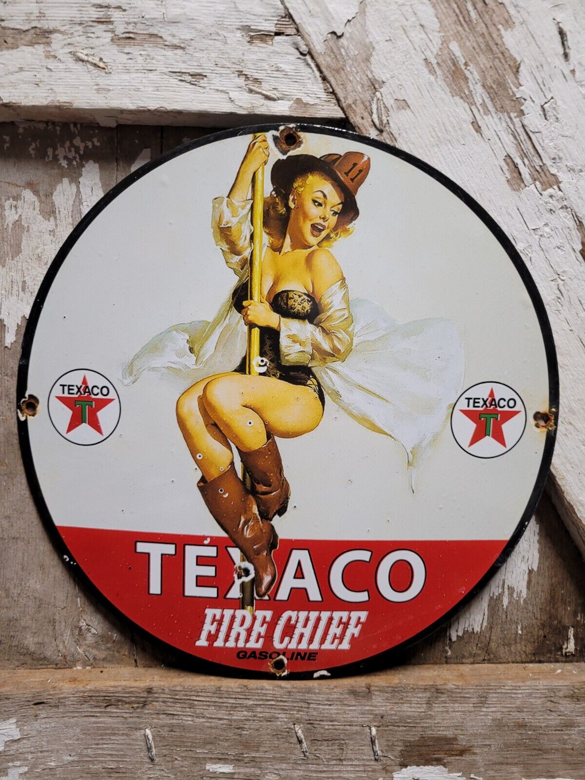 VINTAGE TEXACO PORCELAIN SIGN OLD FIRE CHIEF WOMAN GIRL FIREMAN TEXAS GAS CO.