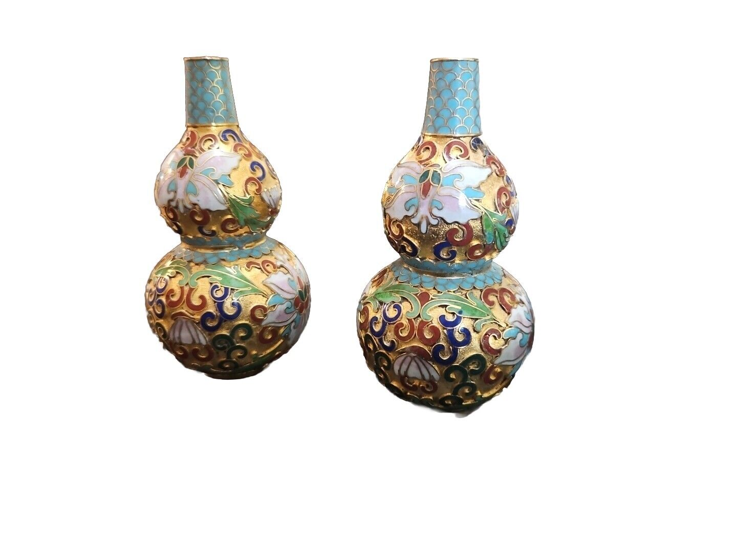 Chinese Cloisonne Vases Matched Pair Double Gourd Butterfly Floral 4\