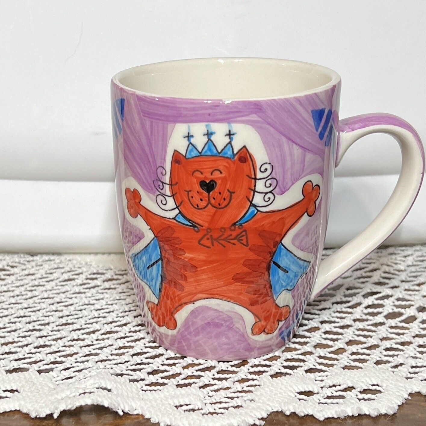 Thailand Pottery Handpainted Cat Lover’s Whimsical Purple Coffee Mug Teacup