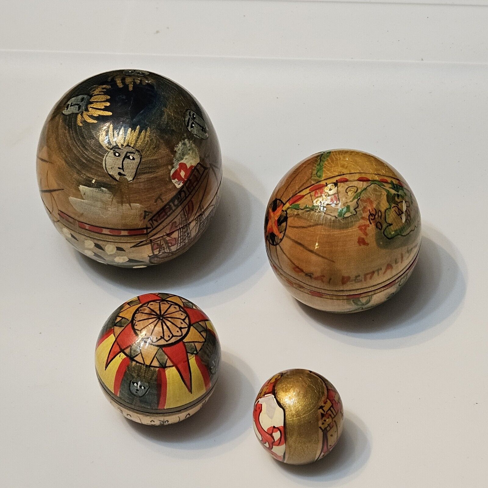 Vintage Wood Lacquered Painted Nesting Balls Nautical Map Globes Authentic Model