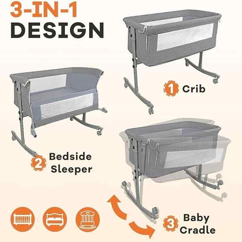 Bedside Crib for Baby, 3 in 1 Bassinet with Large Curvature Cradle