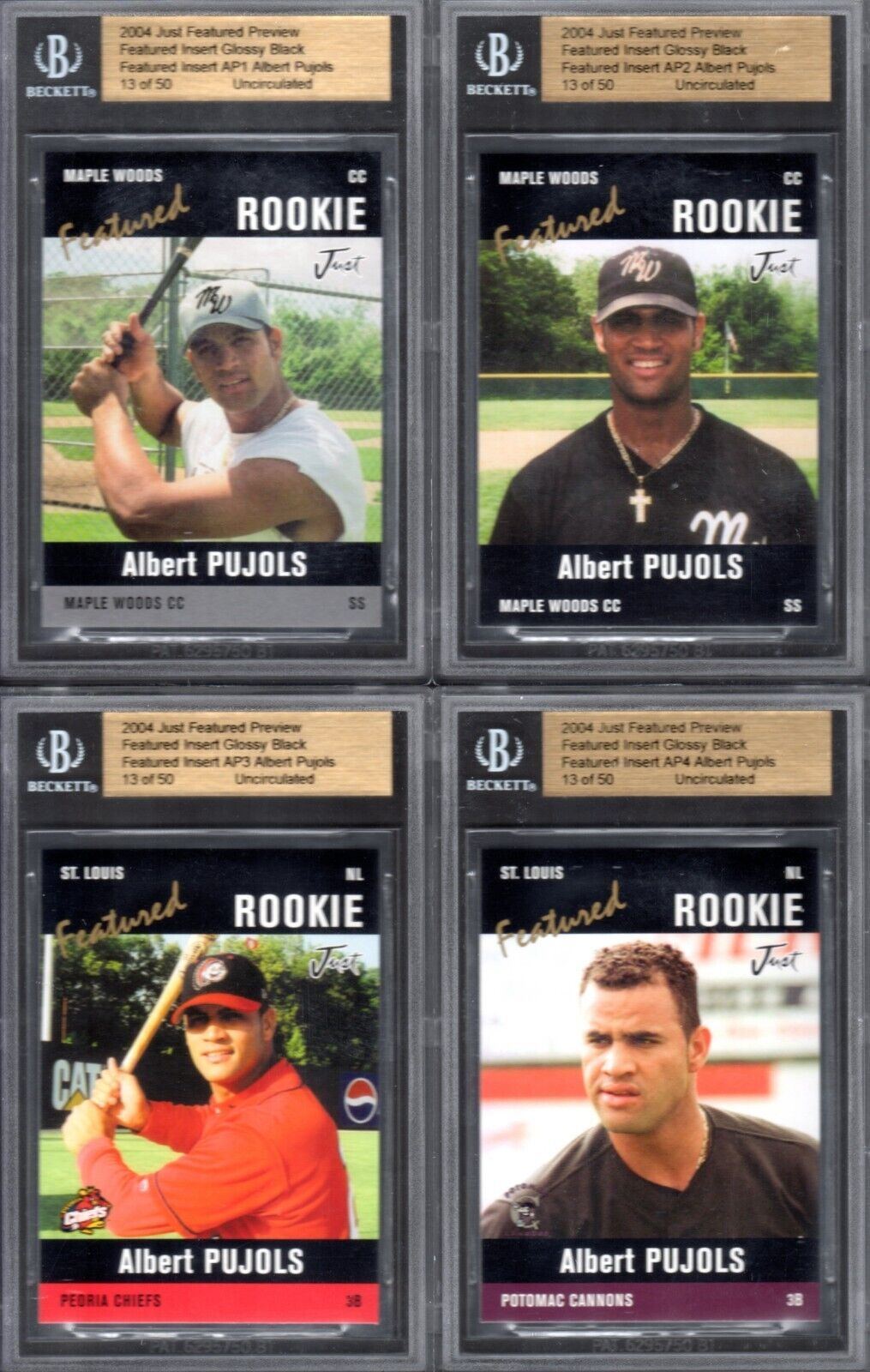 2004 JUST FEATURED PREVIEW GLOSSY BLACK #\'d /50 #AP1-5 ALBERT PUJOLS ROOKIE SET