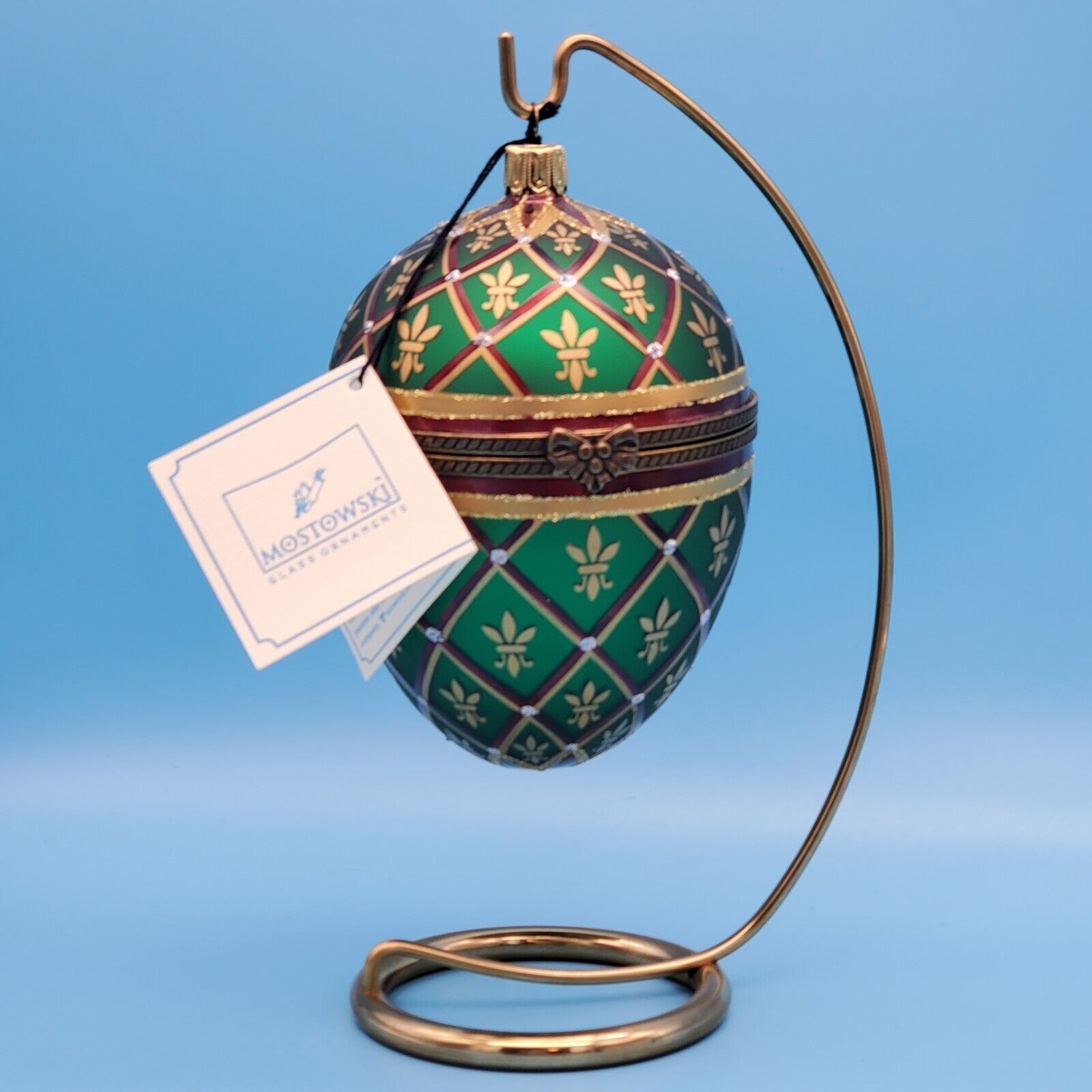 Komozja Mostowski Fleur de Lis Hinged Egg Christmas Ornament with Stand NO BOX