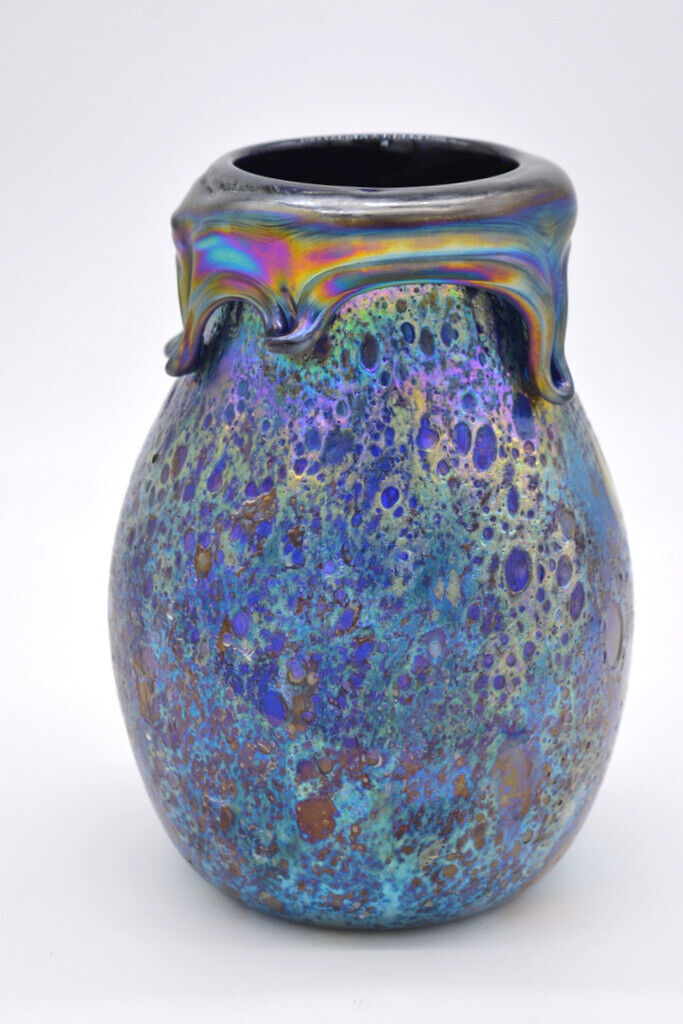 Blue Luster Cypriote Vase With Lava Design by Joel Alcaraz. Blown Glass