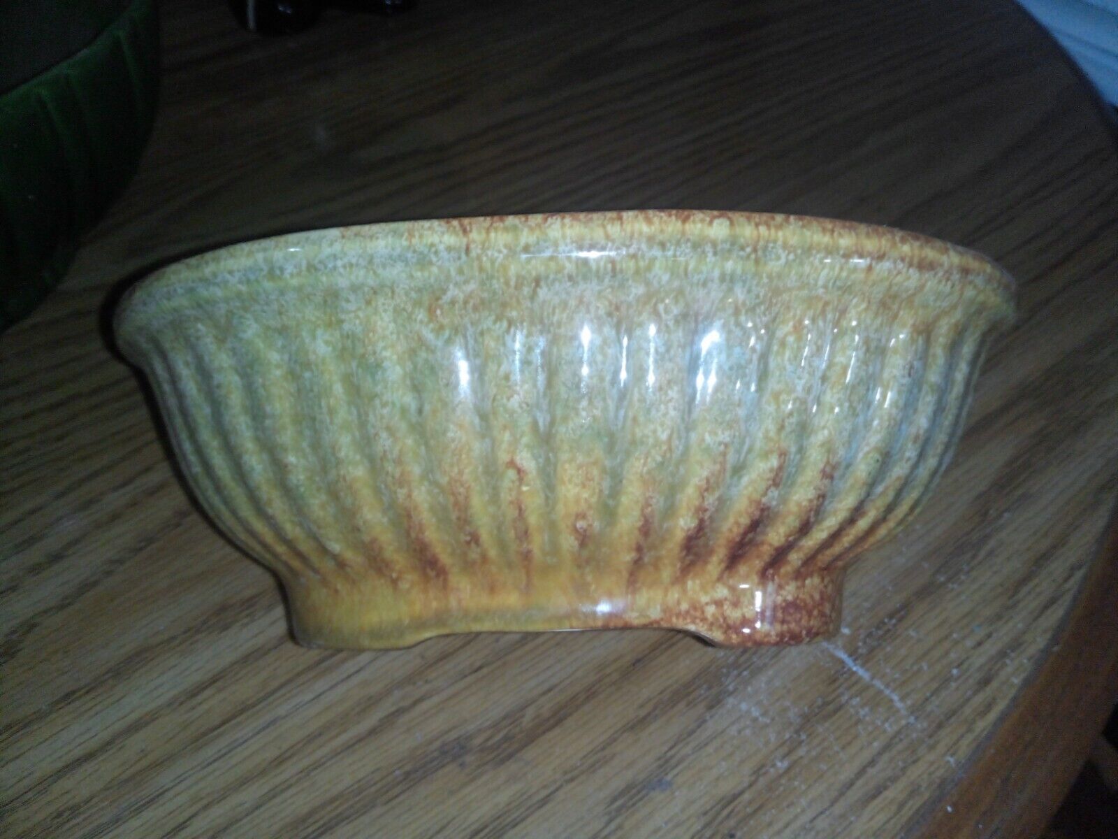 Vintage HAEGER Pottery 3938 U.S.A. Brown/ Tan/w green OVAL Footed Planter