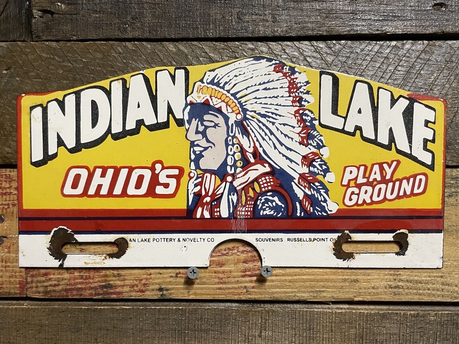 INDIAN LAKE PLAYGROUND VINTAGE PORCELAIN SIGN GAS OIL TAG TOPPER OHIO CAMP BOAT