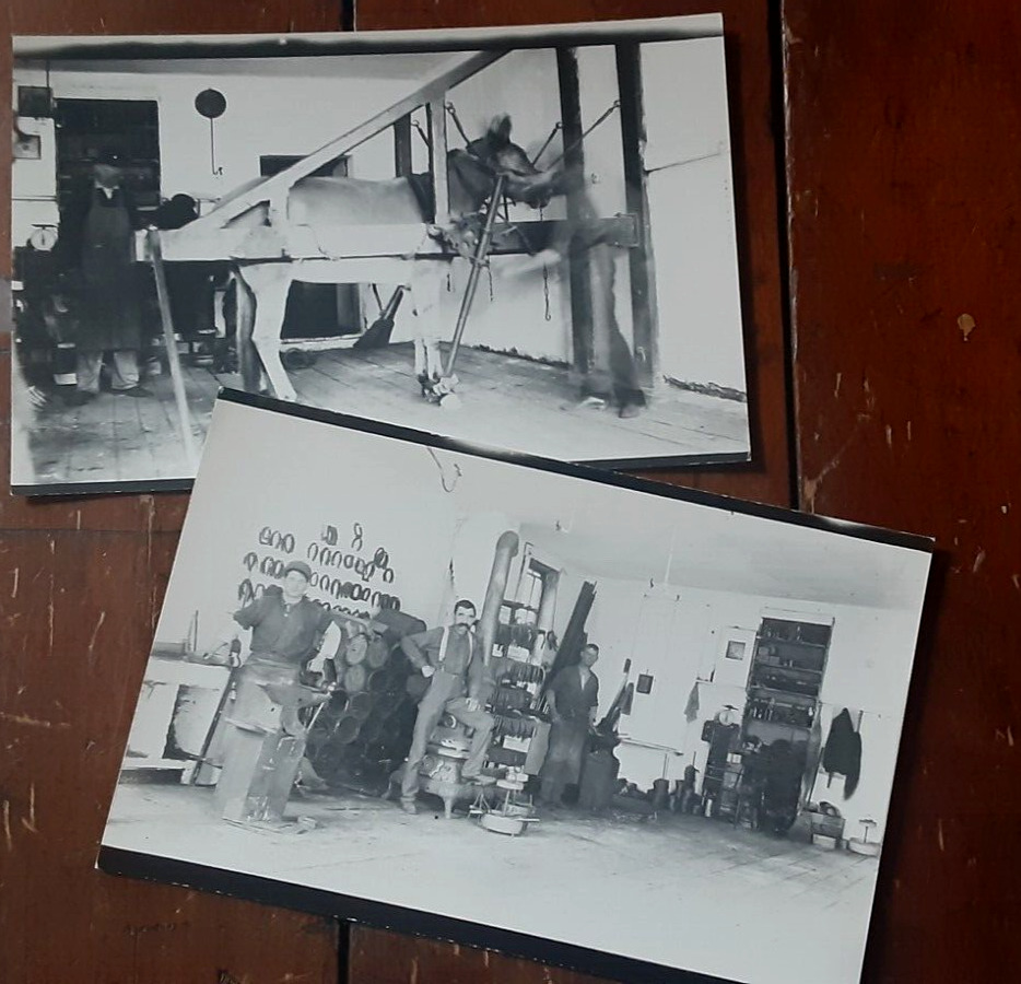 2 RPPC antique BLACKSMITH Shop Horseshoeing Real Photo Postcard Farrier Interior