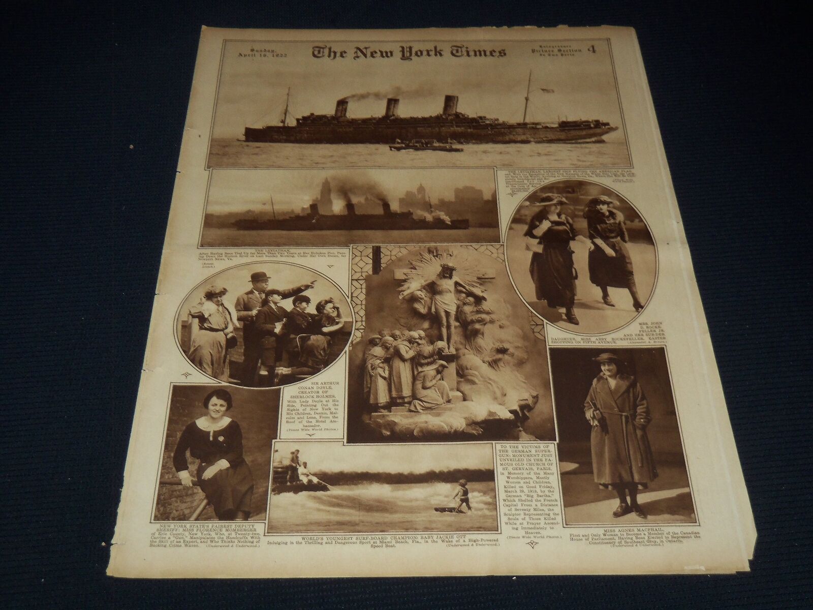 1922 APRIL 16 NEW YORK TIMES PICTURE SECTION - ARTHUR CONAN DOYLE - NT 9476