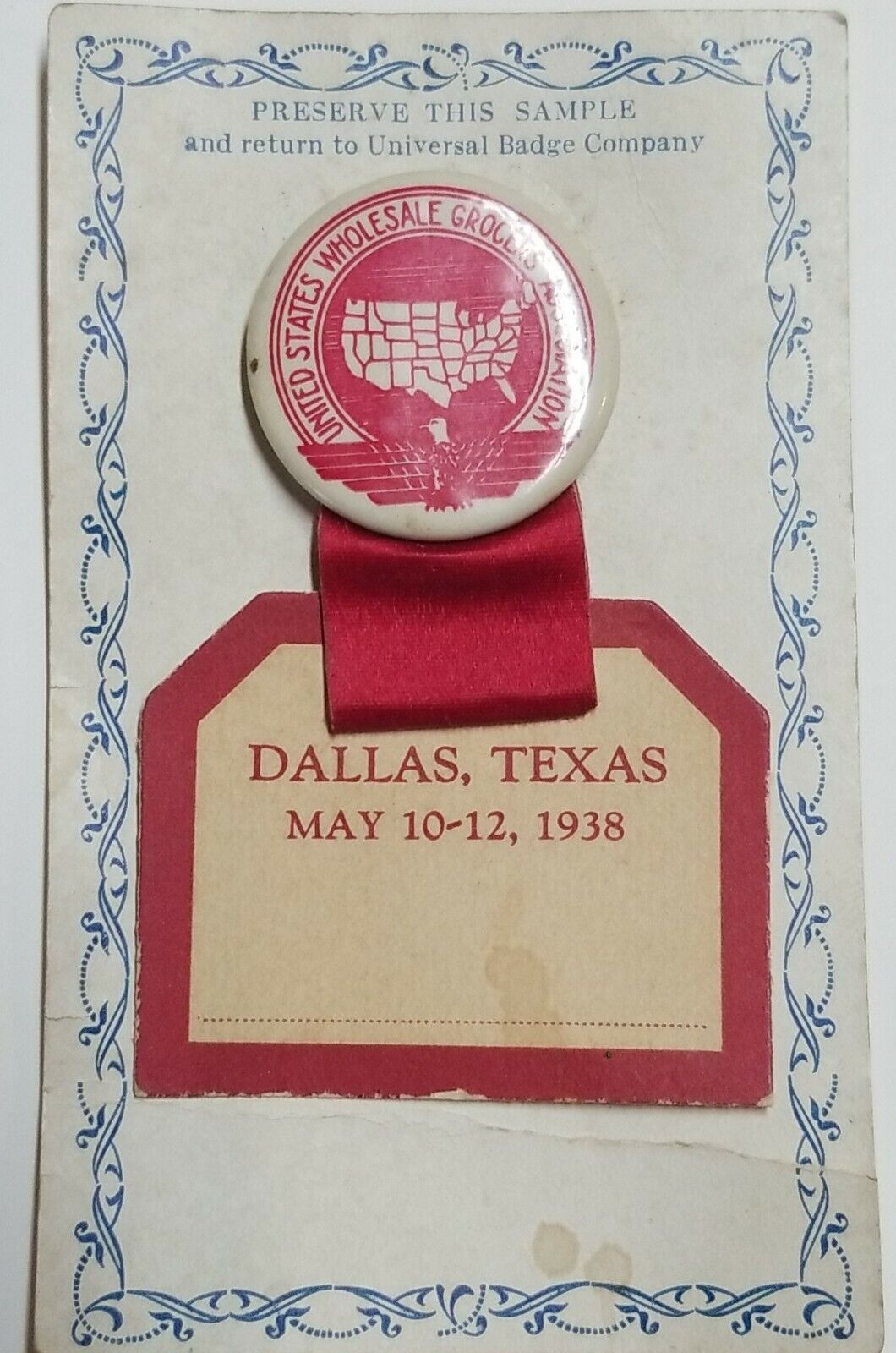 Vintage Universal Badge Company Pin USWGA Grocers Assoc - Dallas Texas May 1938