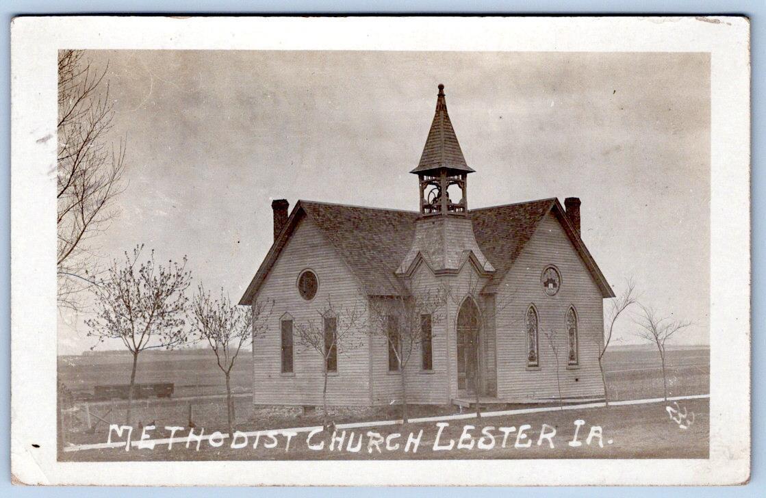 1909 RPPC LESTER IOWA METHODIST CHURCH BELL TOWER STEEPLE ANTIQUE PHOTO POSTCARD