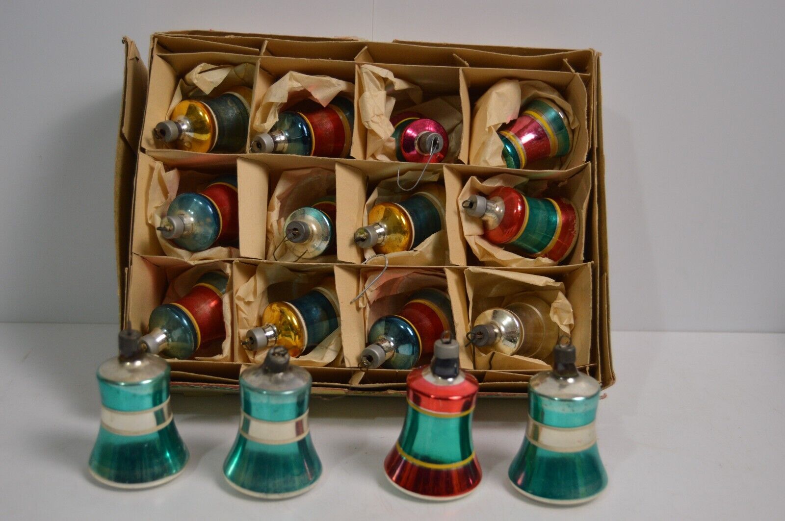 16 Vintage Premier Striped Glass Bells Christmas Tree Ornaments MCM Lot