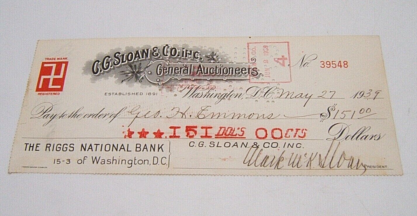 C.G. SLOAN & CO GENERAL AUCTIONEERS CANCELED CHECK 1939 