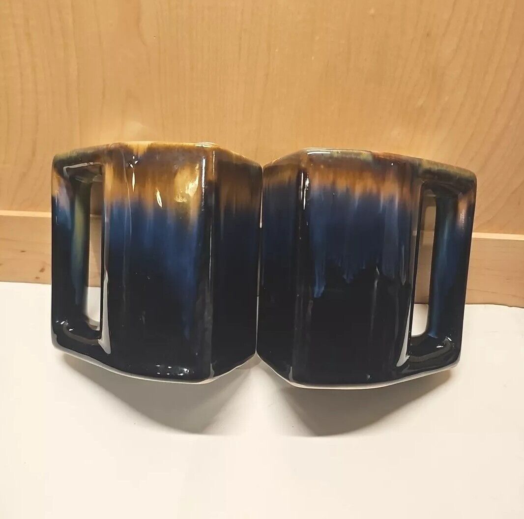 Pair of Padilla Book End Mugs Art Pottery Blue & Brown 