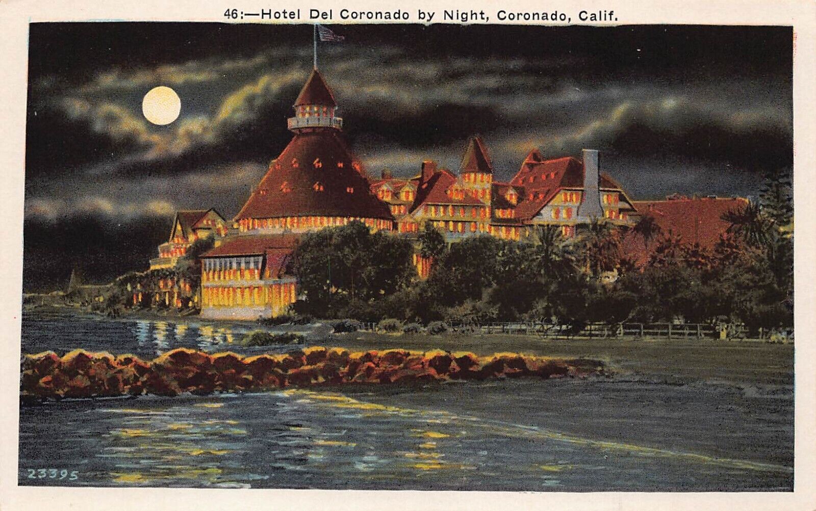 San Diego CA California Hotel Coronado Night View Moonlight Vtg Postcard C46