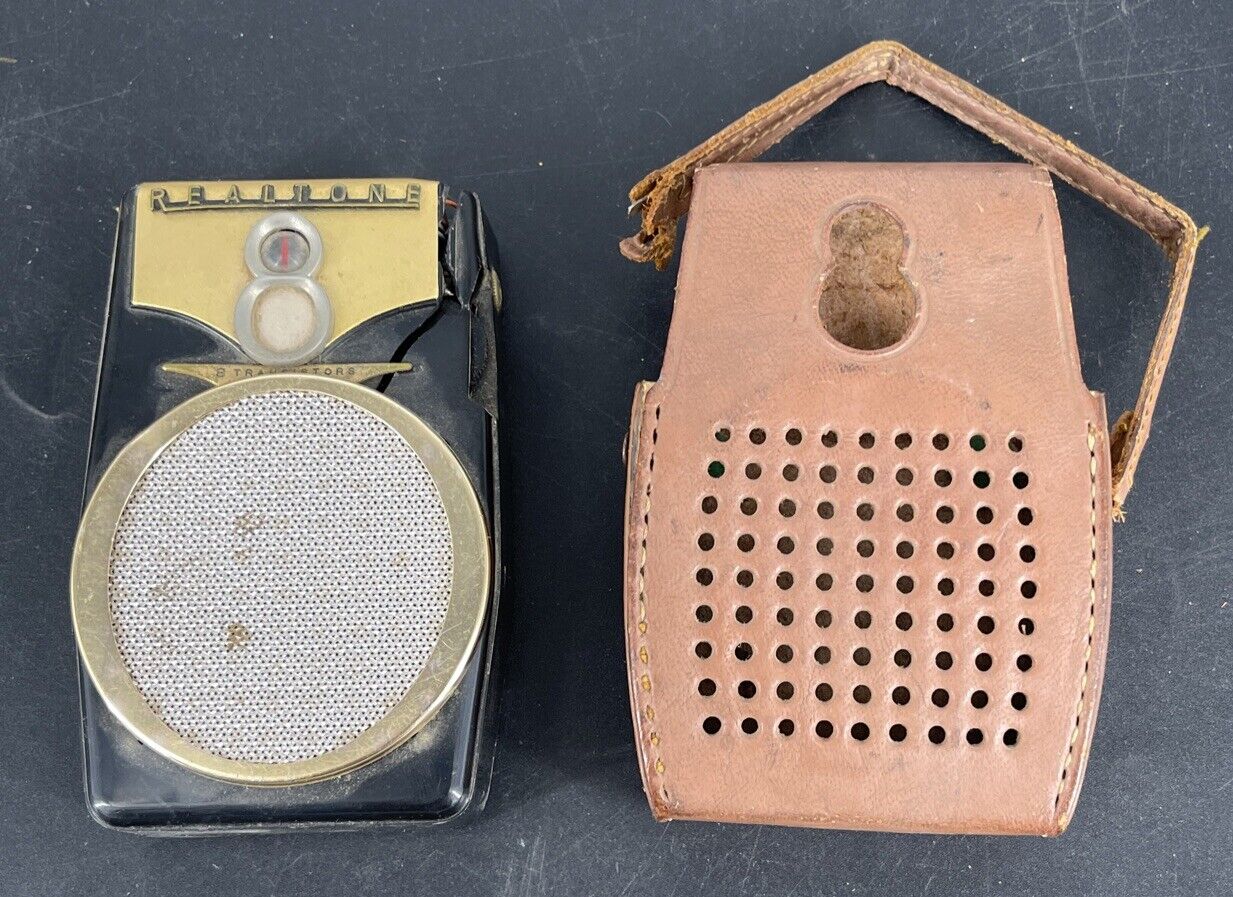 Vintage Realtone Black 8 Transistor Radio with Leather Case Model TR-1088