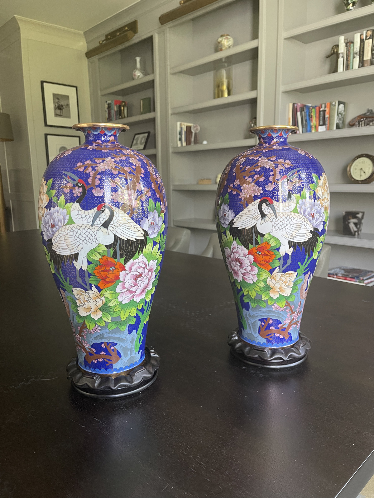 Pair of Vintage Chinese Cloisonne Enamel Vase with Crane and Peony, Rare Antique