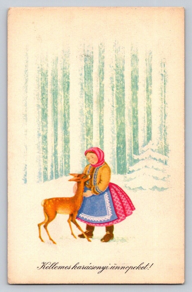 Vintage Fantasy Woman Pets Deer Fawn Snow Woods Christmas P137A