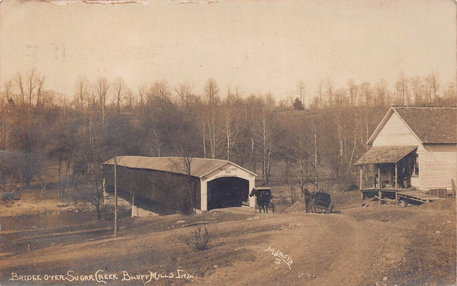 RPPC Bluff Mills Indiana IN Sugar Creek Covered Bridge c1911 Photo Postcard L2