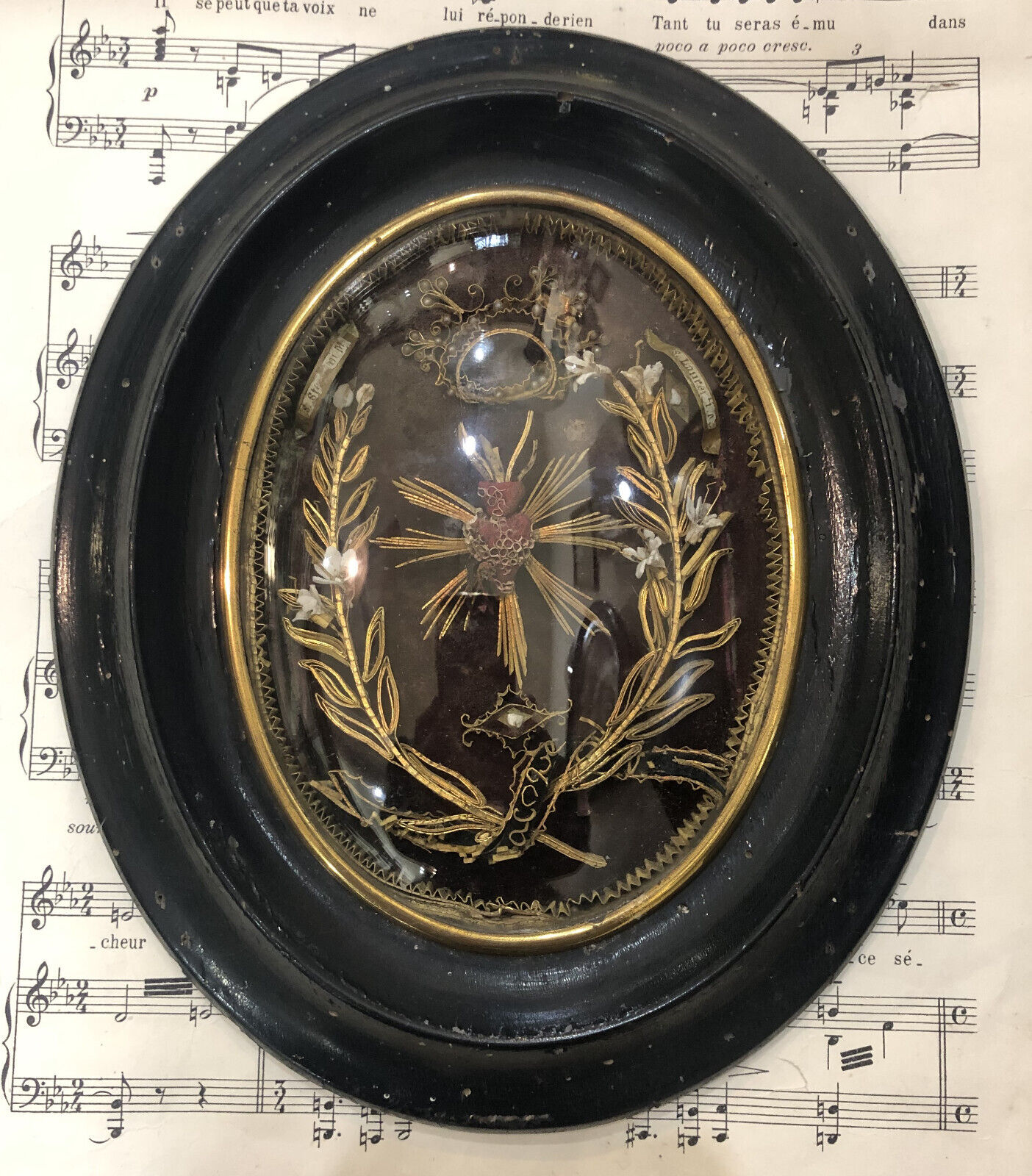 Rare Antique French Reliquary Glass 3 Saints Alacoque Laurent Sacred Heart c1880