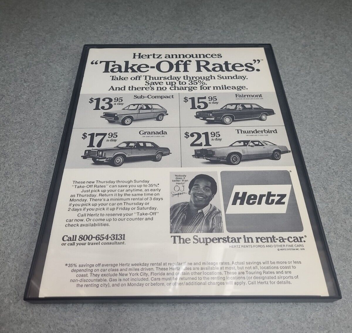 PRINT AD 1978 Hertz Rent-A-Car Take Off Rates Thur-Sun OJ Simpson Framed 8.5x11 
