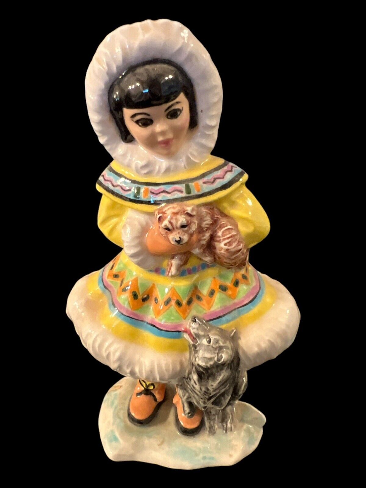 VTG Eskimo Girl Ceramic Sculpture Cute Indigenous Woman Hand Painted W/ Wolf