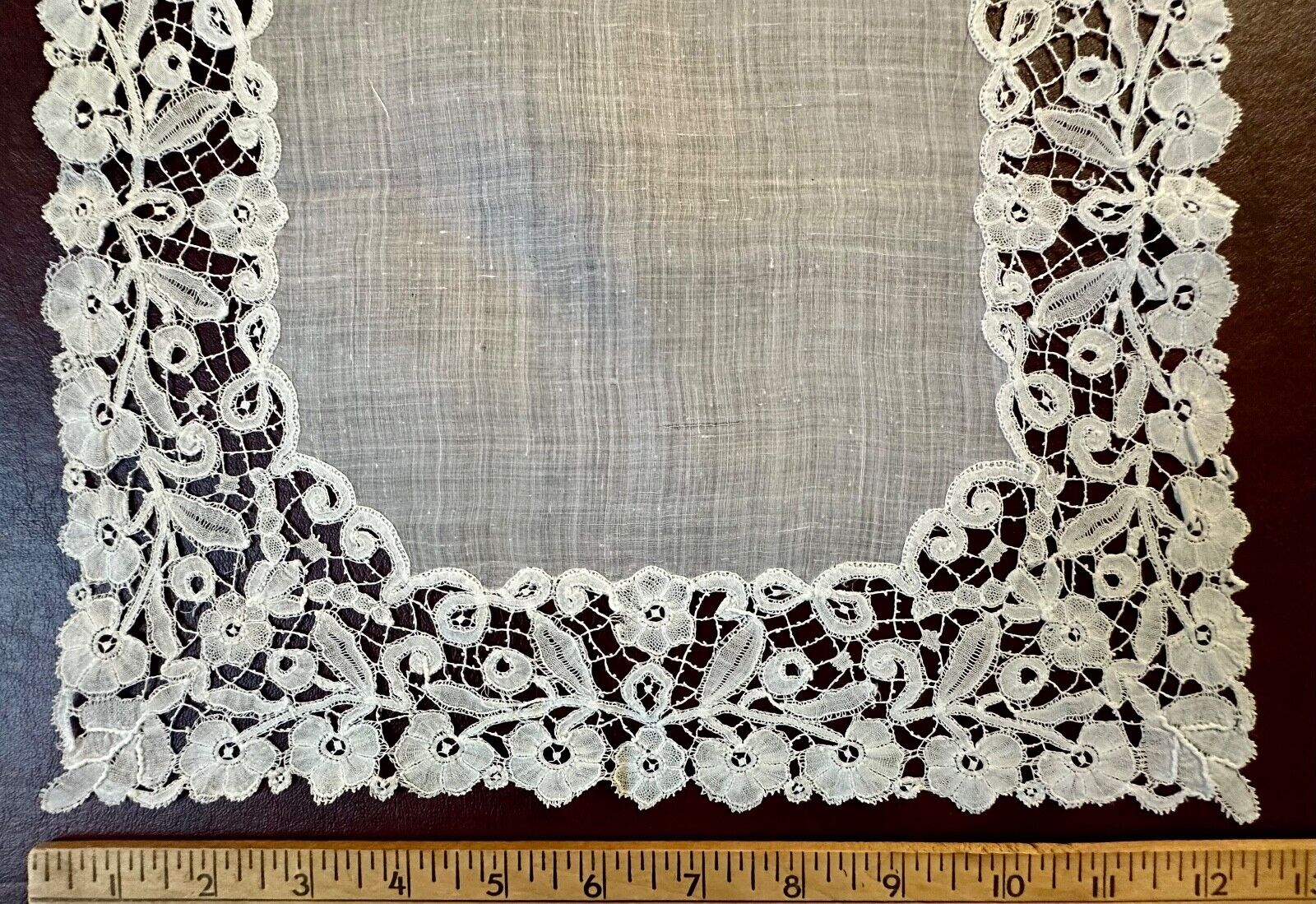 Bruges Belgian bobbin lace edged handkerchief Late 19th C.
