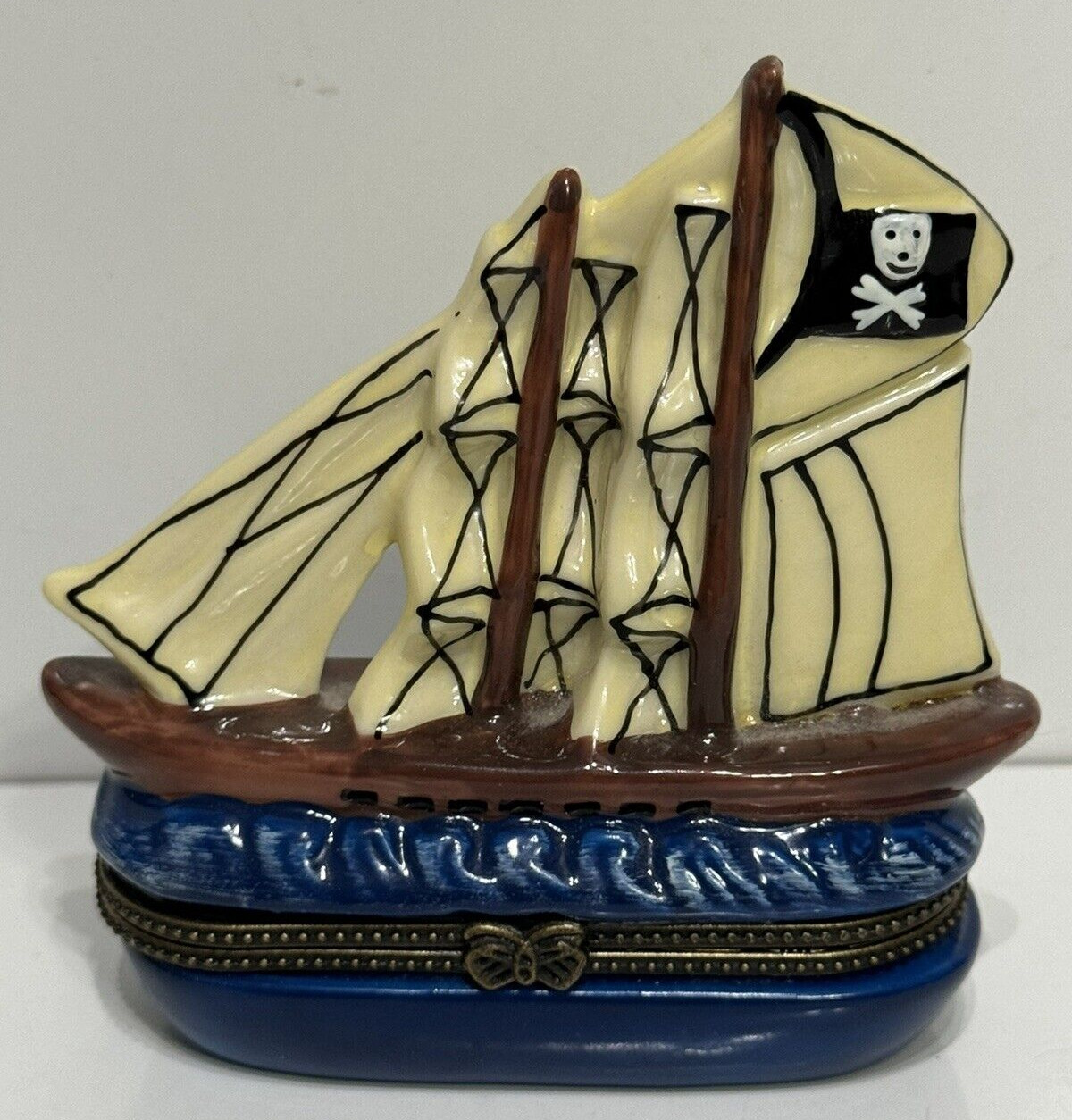 Vintage Pirate Ship Porcelain Hinged Trinket Box 2 piece