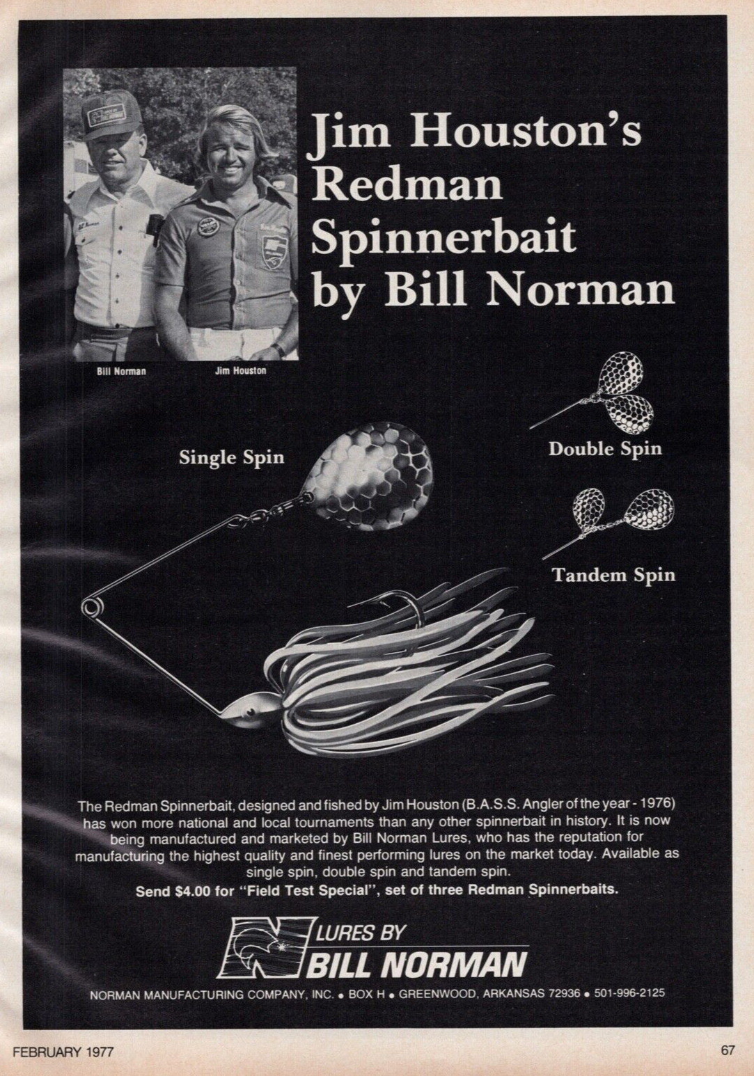 1977 Bill Norman Fishing Lures Redman Spinnerbait Print Ad