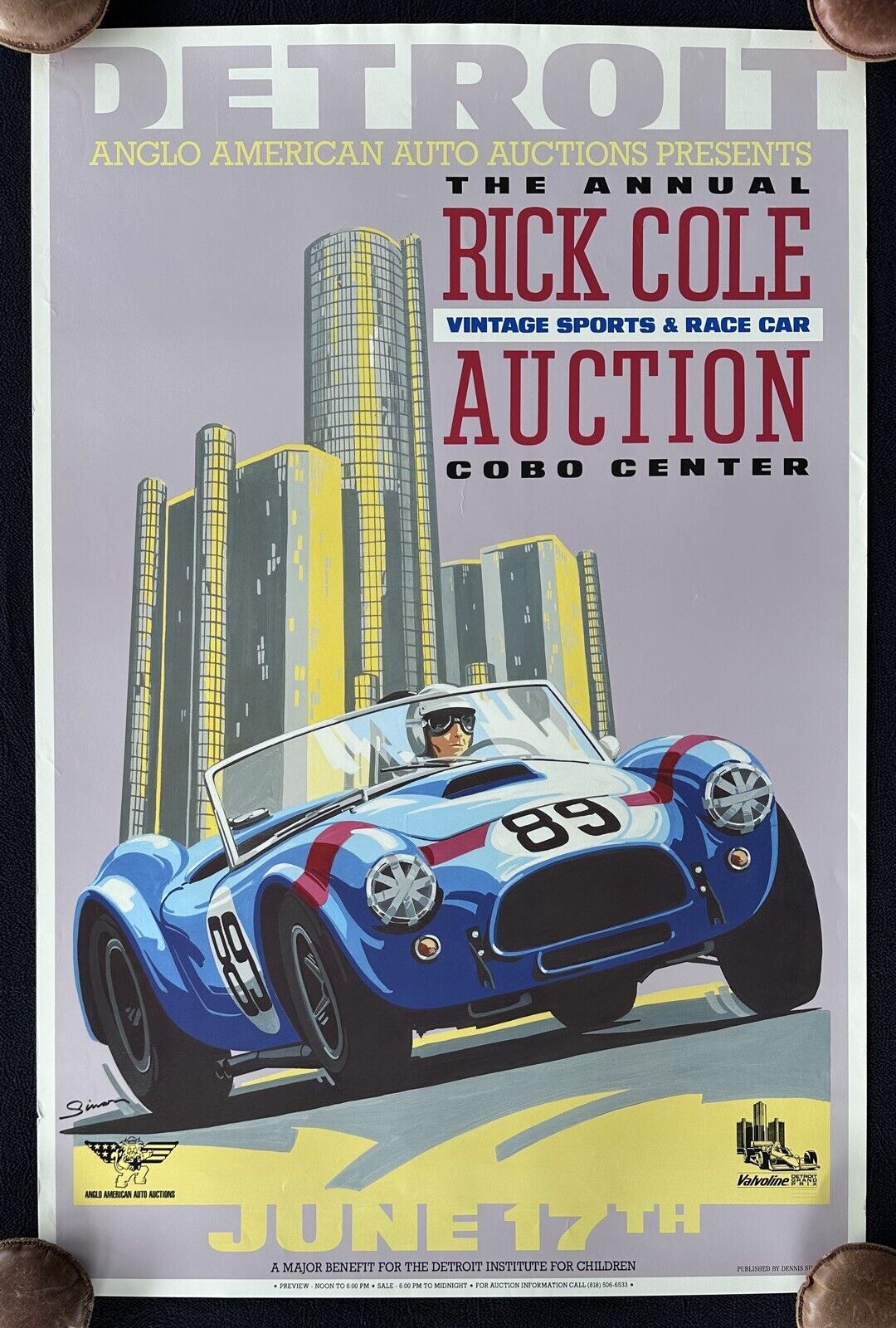 Rick Cole 1989 Detroit Sport & Race Car Auction Poster SHELBY COBRA Fair/Good