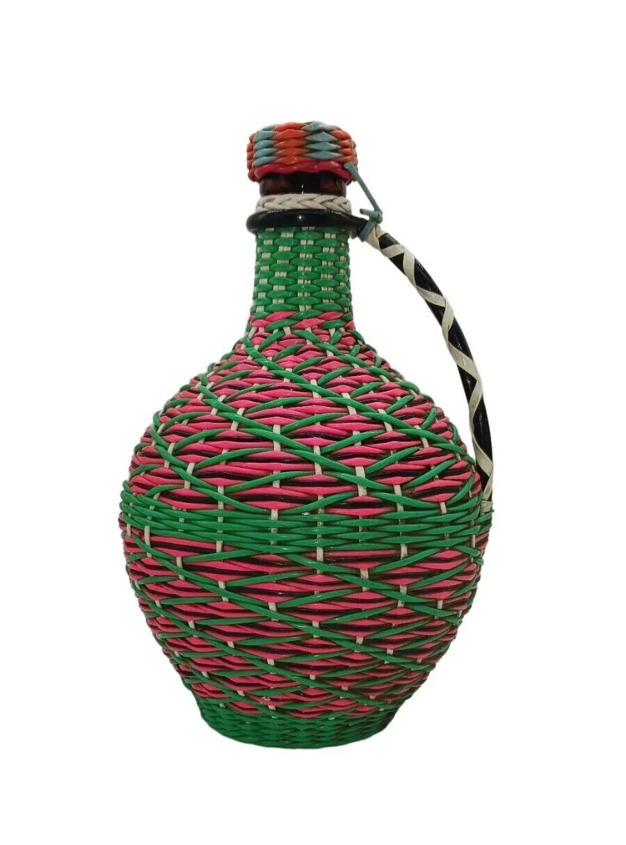 Vintage Viresa Spain Wine Bottle Plastic Woven Wicker Metal Handle Empty Boho