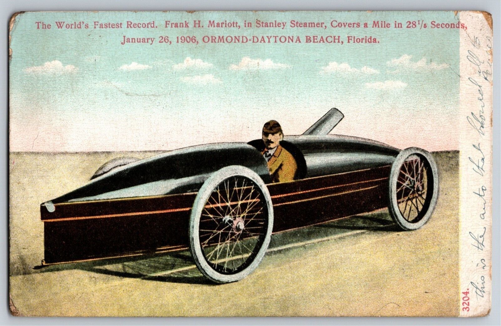 1906 World's Fastest Record, Frank H. Marion Daytona Beach Postcard PM 1915