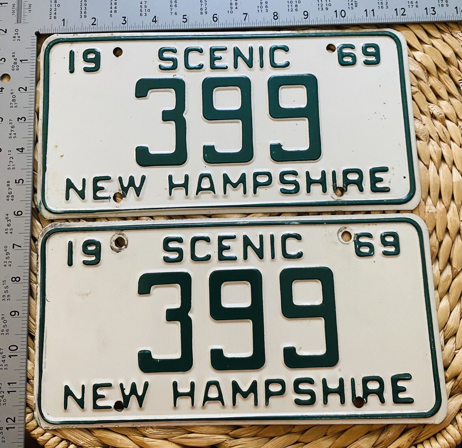 1969 New Hampshire License Plate 399 PAIR Decor Low Number Green White ALPCA