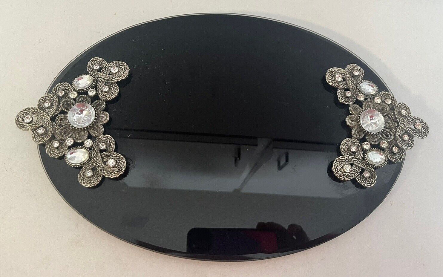 Vtg. Black Vanity Jewelry Makeup Perfume Dresser Mirror Tray Silver Flower Trim