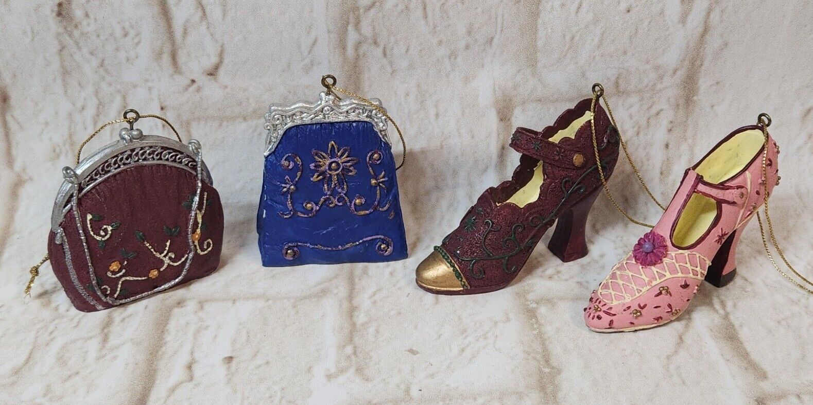 Miniature Fashion Shoe & Purse Ornament Heel Christmas Tree Decor Lot Of 4